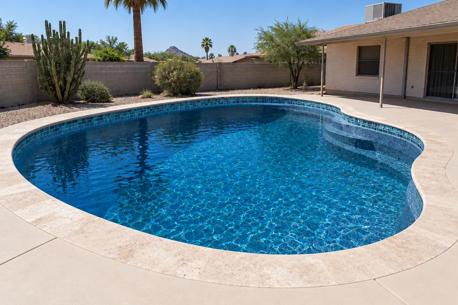The same Mesa backyard pool after a remodel with the same shape and house behind it: diving board removed, deep blue pebble finish, new glass waterline tile, wide travertine coping and a smooth light new deck