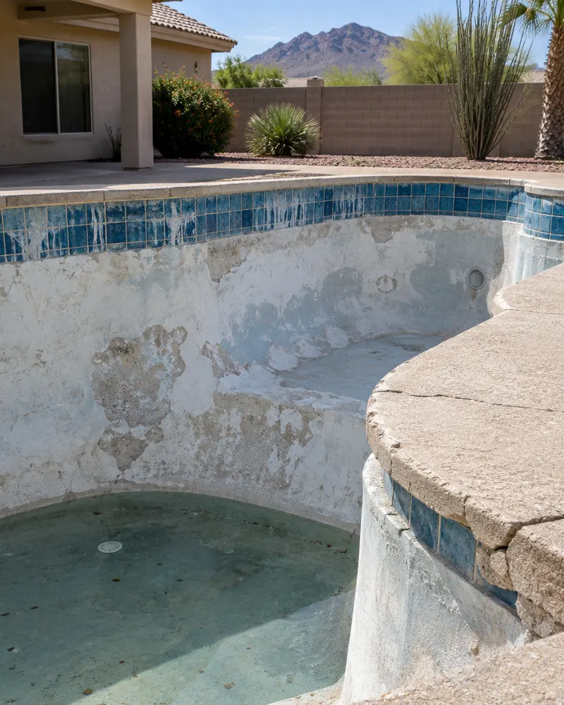 Worn backyard pool in Mesa, Arizona before a remodel: blotchy faded white plaster with rough patches, calcium scale streaks on dated square blue tile, cracked cantilevered concrete edge, drained to a low water level