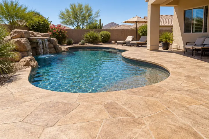 Pool deck with a new decorative concrete overlay in a stone-look stamped pattern in warm sand tones, clean seams
