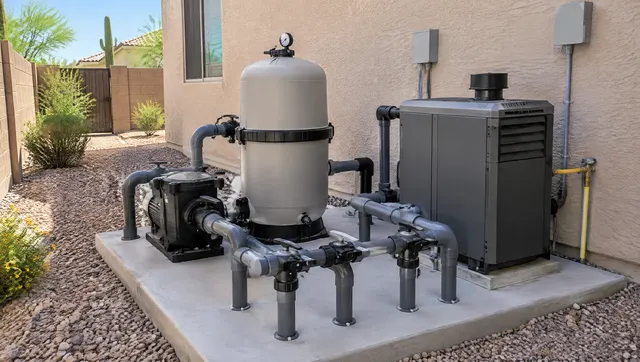 Tidy new residential pool equipment pad beside a stucco wall in an Arizona side yard: variable-speed pump, cartridge filter, gas pool heater and new gray PVC plumbing with valves, clean concrete pad