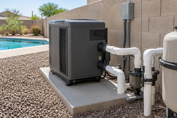 New residential pool heater unit on an equipment pad beside a block wall, new plumbing connections, no logos