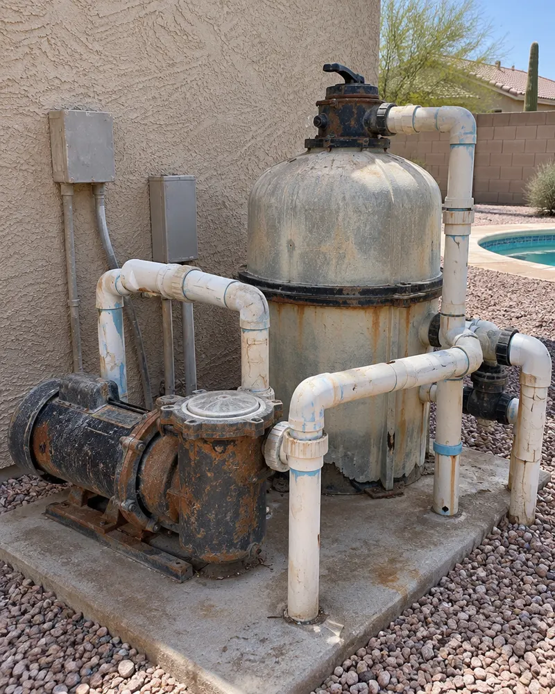 Old rusty residential pool equipment pad before replacement: weathered single-speed pump, faded filter tank and sun-bleached cracked PVC pipes against a stucco wall