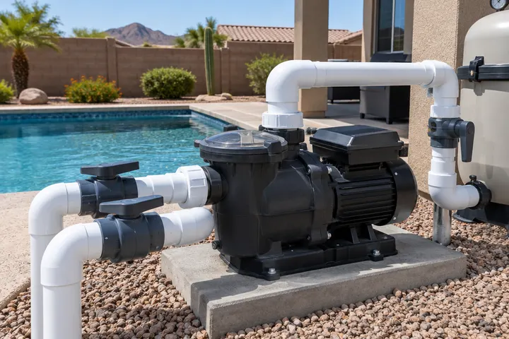 New variable-speed residential pool pump installed on a concrete pad with new PVC unions and valves, no visible brand marks