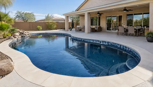 Complete backyard pool renovation in Mesa, Arizona: a 1990s kidney-shaped pool reshaped with new midnight-blue quartz finish, new porcelain waterline tile, wide new coping, a resurfaced light-colored deck and a covered patio with ceiling fans