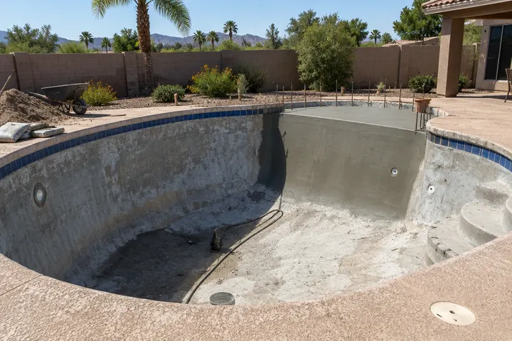 Deep end of an older residential pool being made shallower with new gunite fill where a diving board used to be, drained and under construction