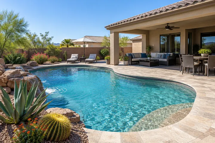 Finished remodeled backyard pool with a new covered patio, outdoor furniture and lush desert landscaping in afternoon sun in Arizona