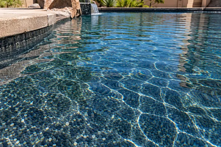 Close-up of a pebble pool finish with small rounded stones in dark blue and gray tones under rippling water