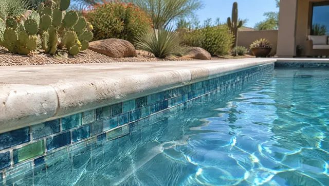Close view along a residential pool edge with new blue-green glass mosaic waterline tile and new bullnose travertine coping, clear water, desert landscaping blurred behind
