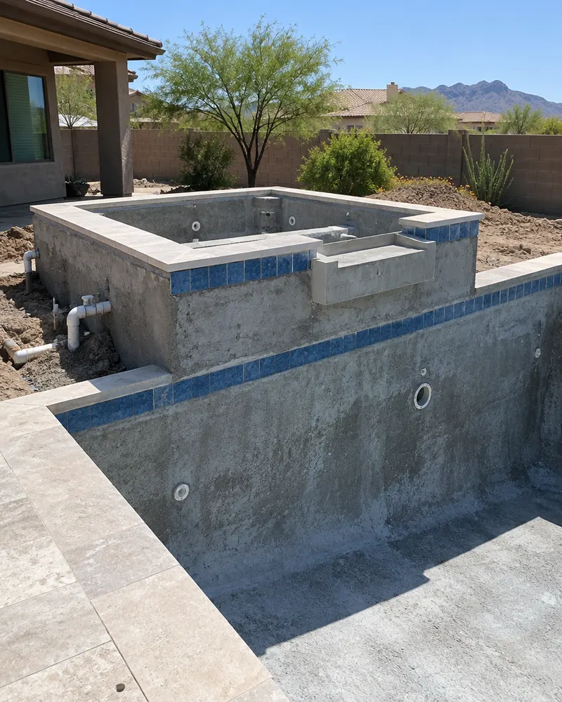 New raised spa under construction at the edge of an existing residential pool, fresh gunite walls and spillway form, drained, no people