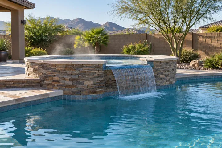 Finished raised spa with stone veneer and a smooth spillway pouring into a blue pool, steam faint in morning light